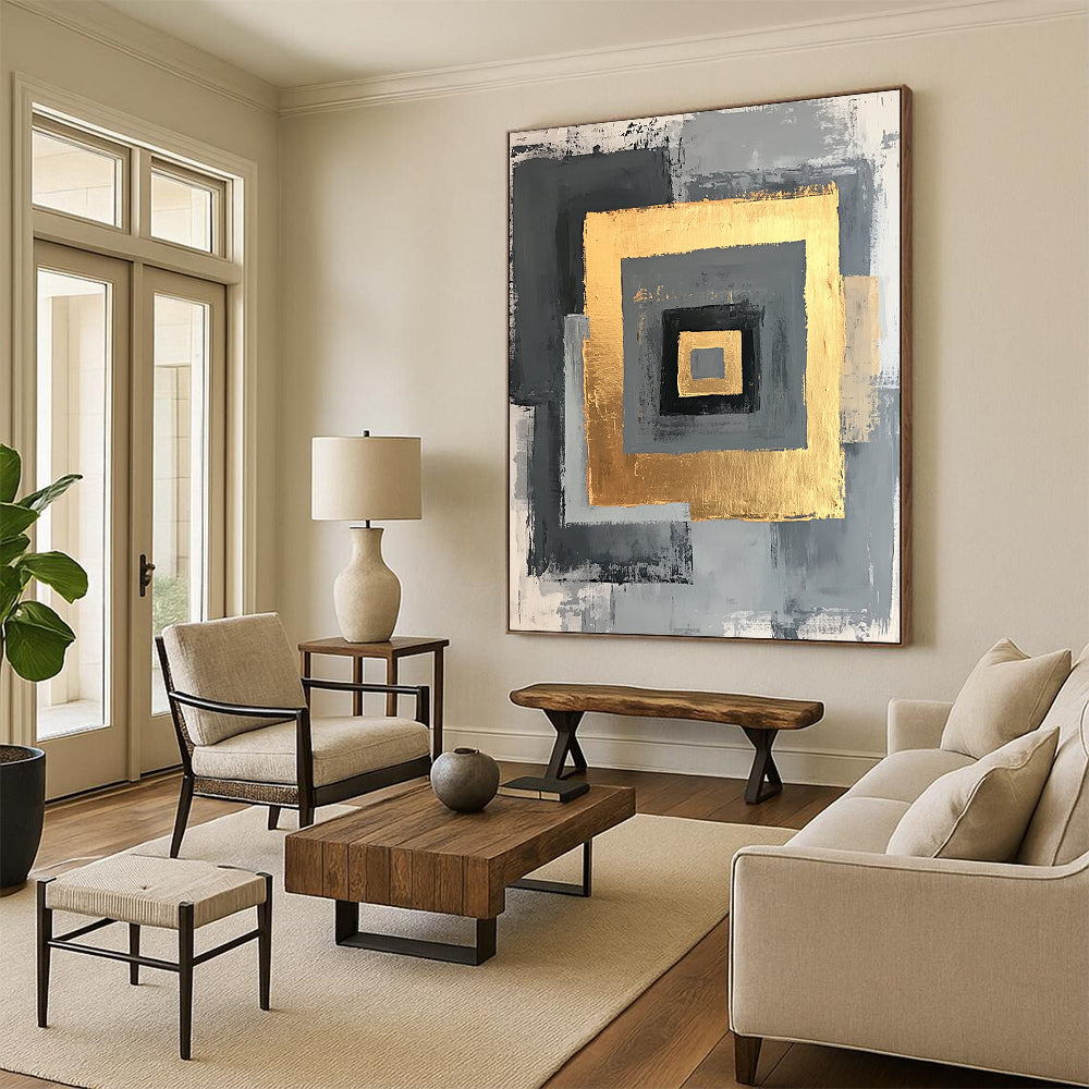 Gray, Black, Gold and White Geometric Squares "Nested Squares" Painting On Canvas HB347