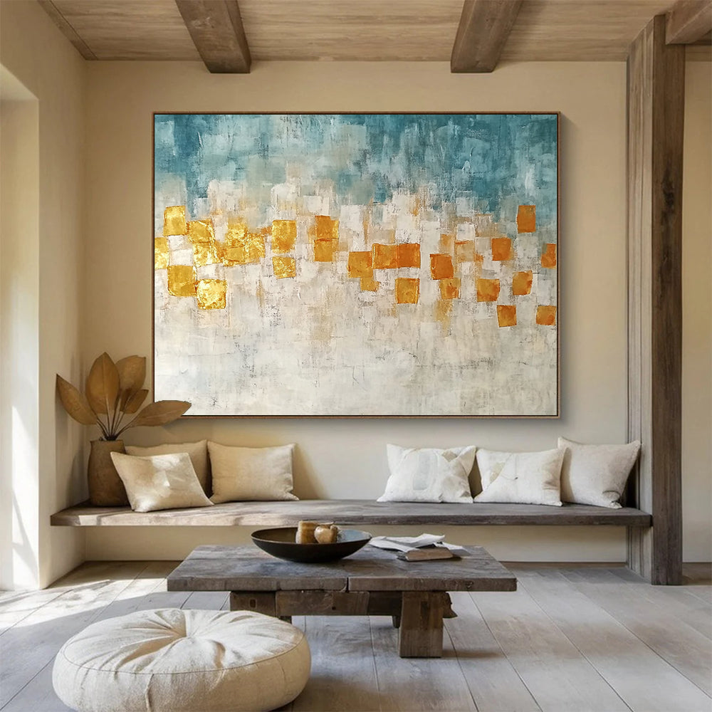 “Golden Squares” - Blue, Gold, White, Abstract Geometric Squares Painting On Canvas HB1048