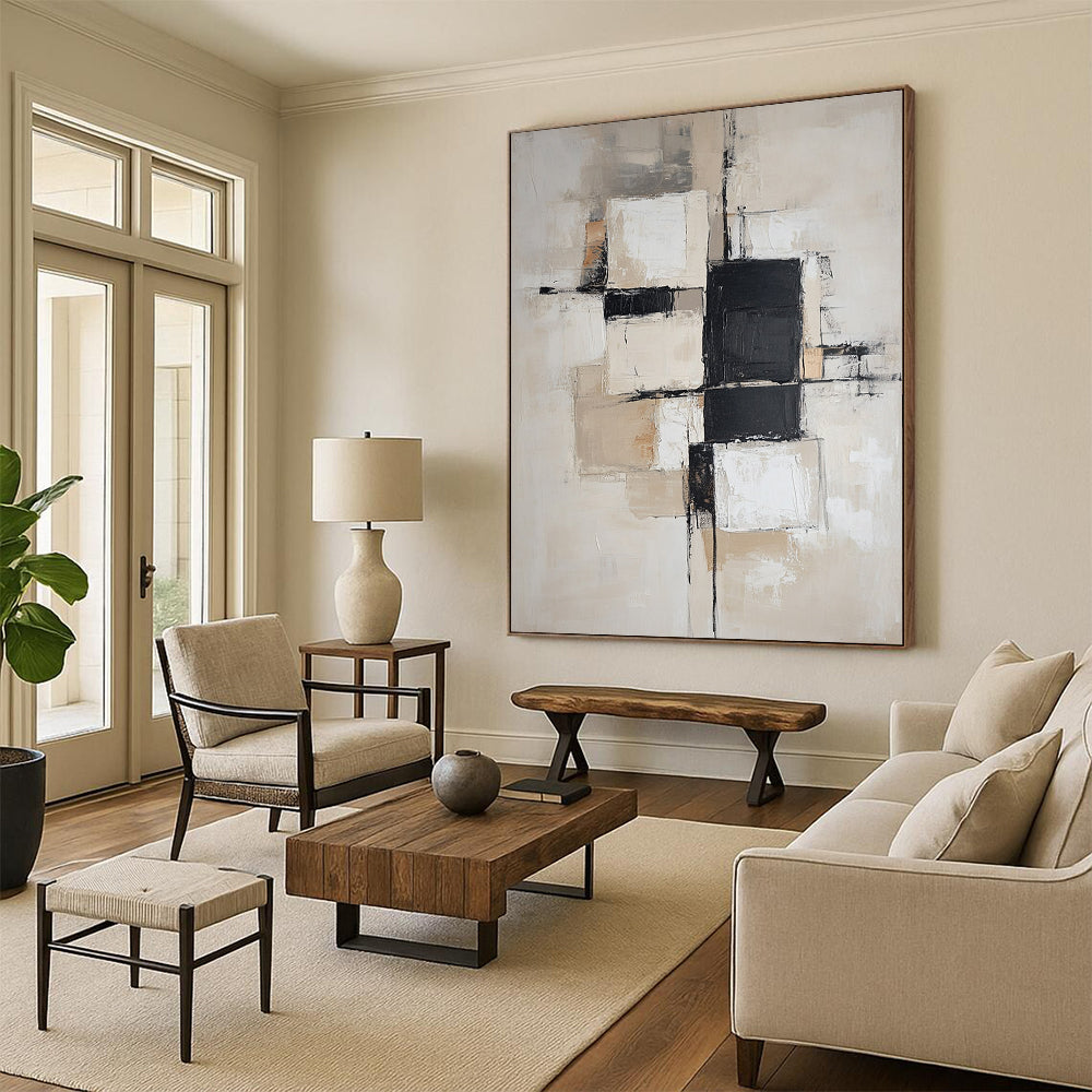 Contemporary hand-painted abstract art featuring soft beige and white blocks with black squares, designed with a neutral color palette and gentle edges. DLZ0517