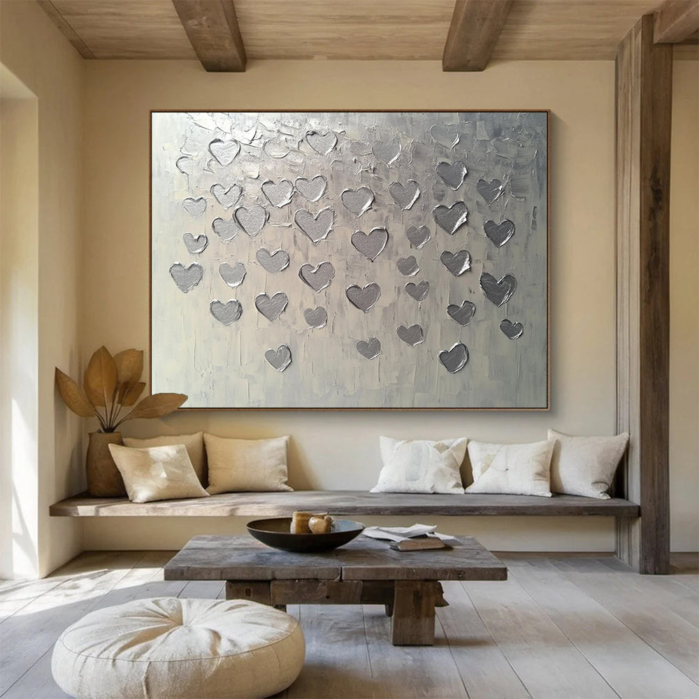“Textured Silver Hearts” - Silver, Gray, Raised Heart Shapes - Textured Acrylic Painting HB1670