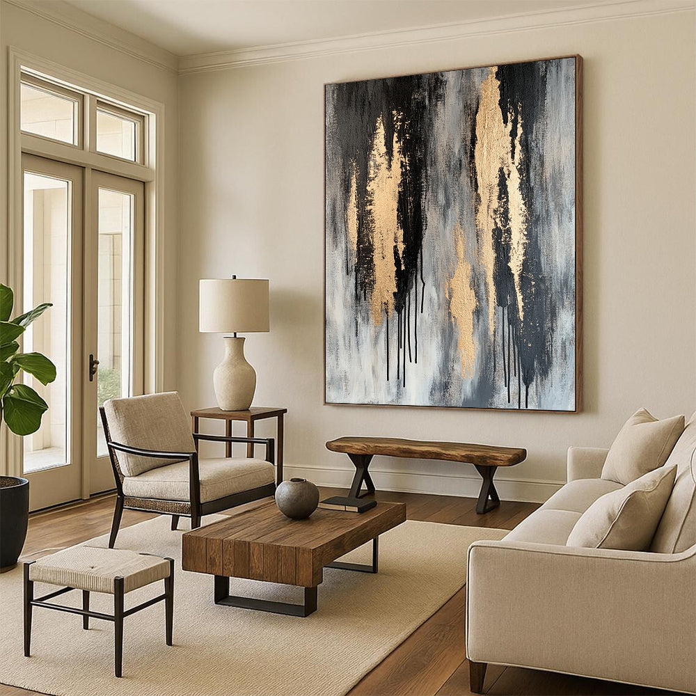 Gray, Black & Gold Dripping Textures - “Urban Gilded Streams” Painting On Canvas HB198