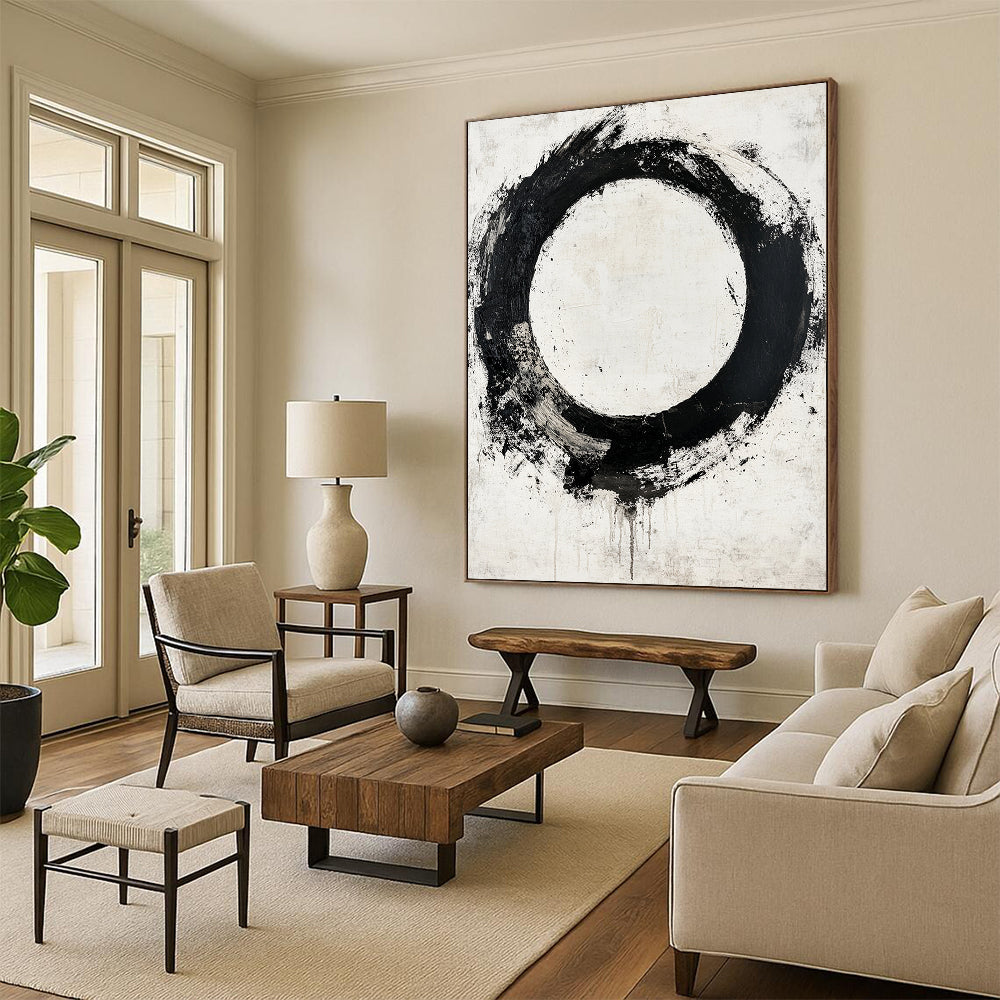 Black Circular Brushstroke with Gray Background - “Earthy Enso” Painting On Canvas HB241