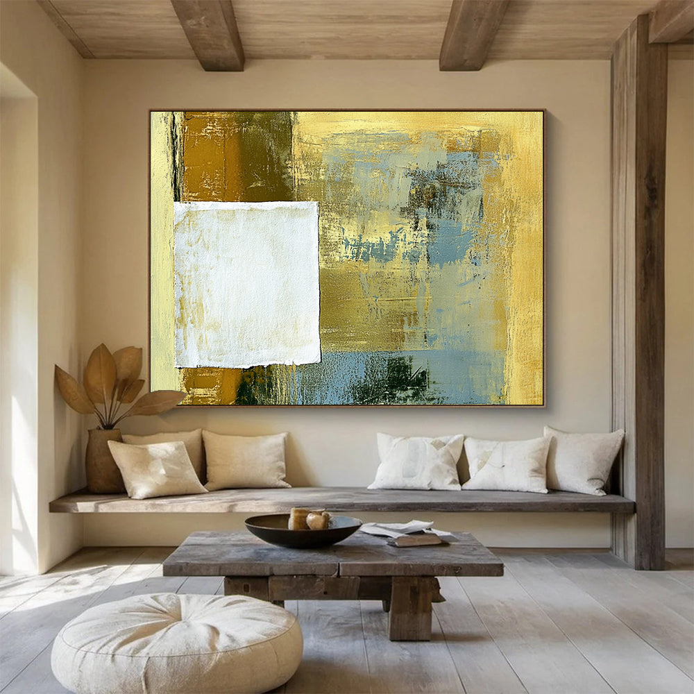 “Textured Gold - Blue Square” - Layered gold and blue with a raw - edged white square, Mixed - Media Abstract Painting On Canvas HB0541