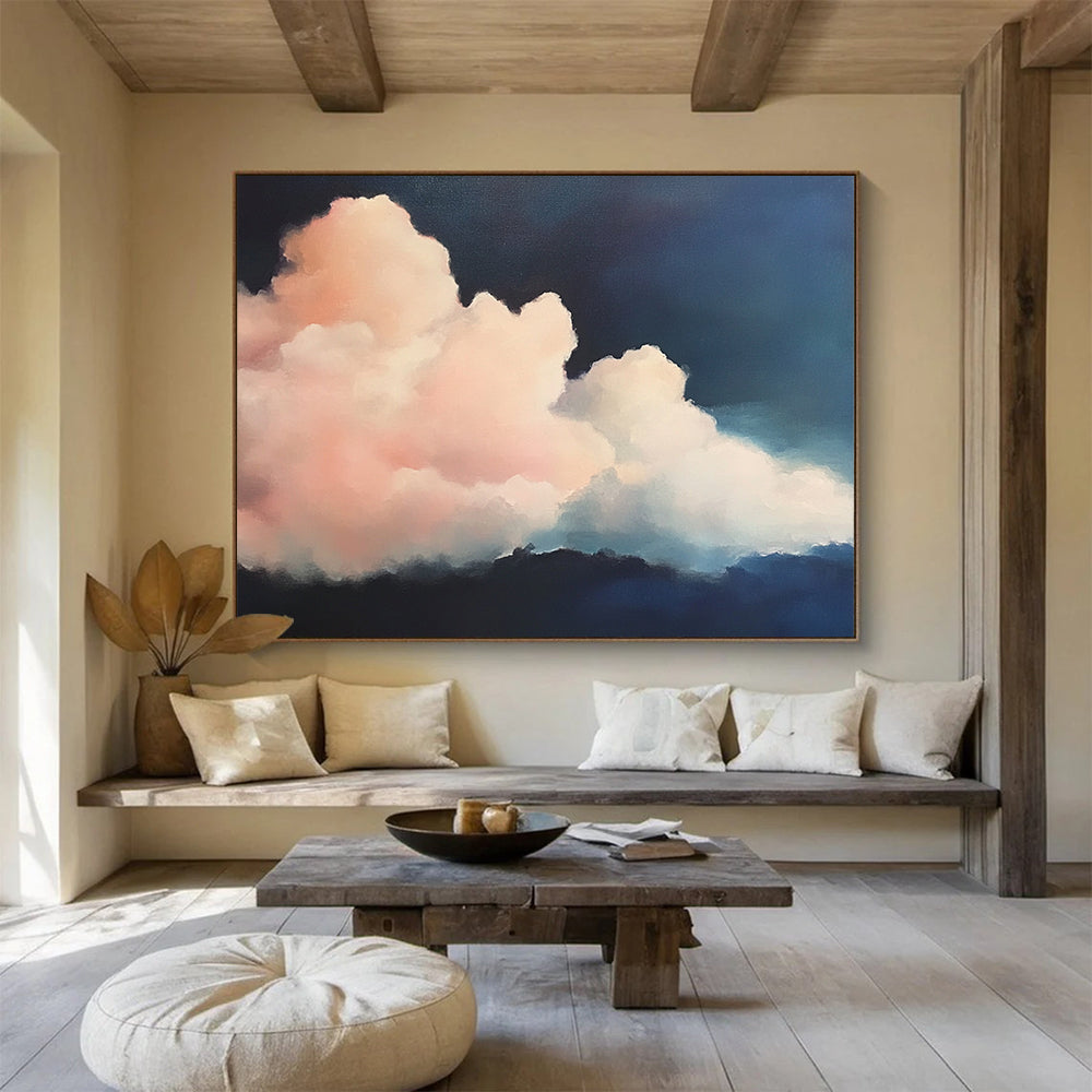 “Pink Clouds at Night” - Pinks, Blues, Dark Background, Fluffy Clouds Against Night Sky - Realist Oil Painting HB1710