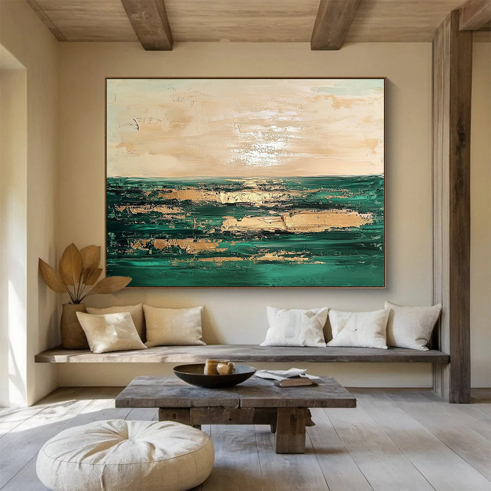“Coastal Abstract with Gold” - Green, Gold, Coastal Landscape Painting On Canvas HB0888