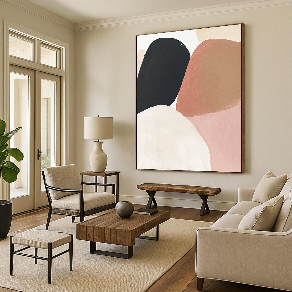 Contemporary hand-painted abstract artwork featuring earthy tones of soft pink, beige, brown, and black on a clean white background. DLZ0800
