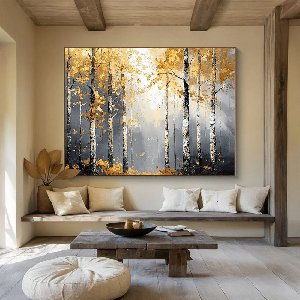 “Golden Birch Forest” - Gold, Gray, Birch Trees, Forest - Abstract Landscape Painting HB1682