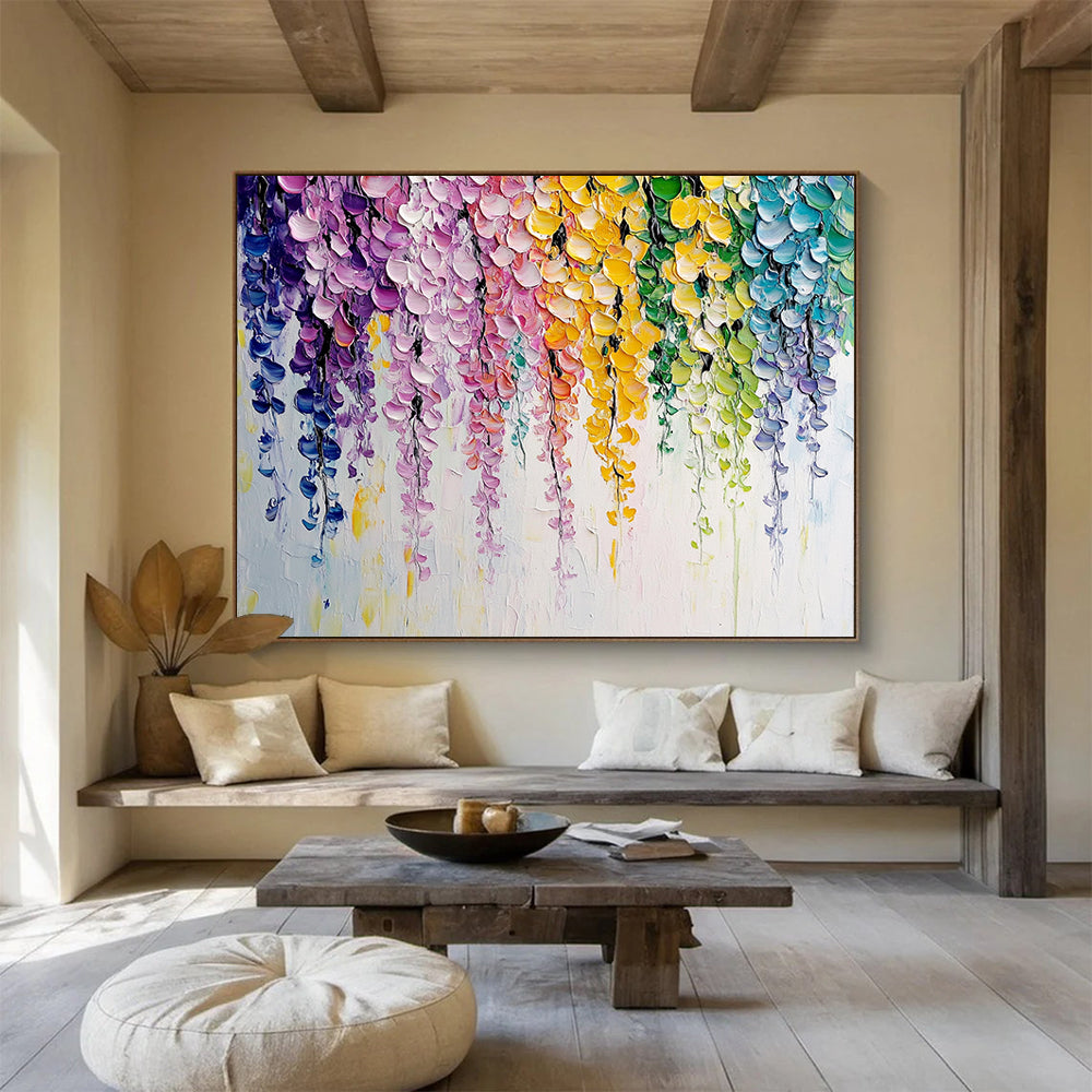 “Colorful Cascading Blooms” - Bright purples, pinks, yellows, greens, blues; Dripping flower blossoms; Impasto Floral Painting On Canvas HB1163