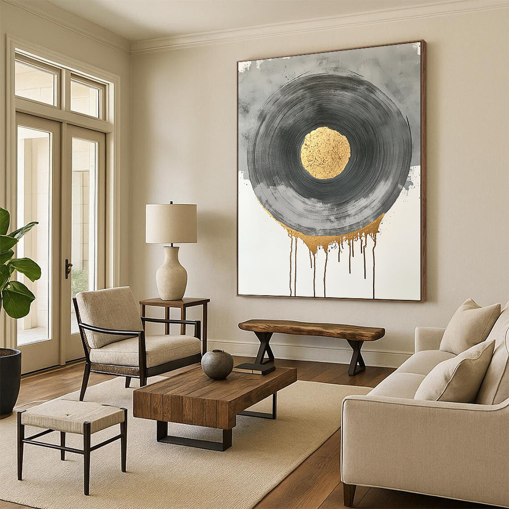 Black, Gray, Gold and Silver Geometric Circles "Harmonious Circles" Painting On Canvas HB384