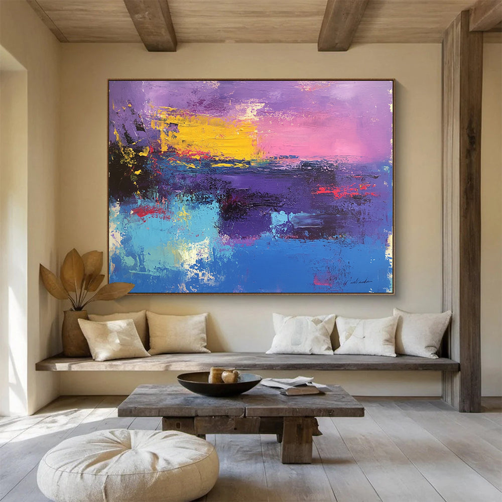 “Purple Pink Abstract Horizon” - Purple, Pink, Yellow, Blue with a Colorful Horizon - Painting On Canvas HB1374