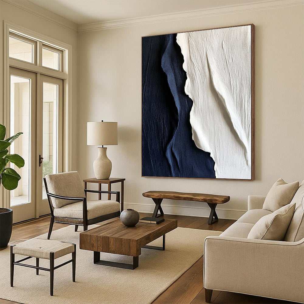Contemporary hand-painted abstract artwork features textured white and navy blue silk, elegantly draping to create a striking visual impact on any wall. DLZ1250