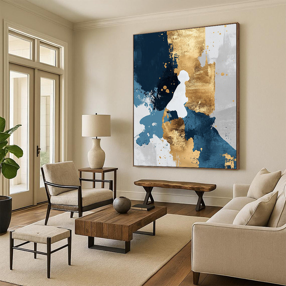 Contemporary hand-painted abstract artwork featuring gold blue and white tones with golden foil details in a minimalist modern style. DLZ0269