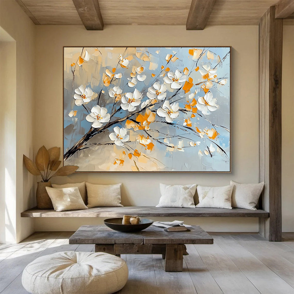 “Blossom Breeze” - White, Yellow, Blue, Floral Branches Painting On Canvas HB1036