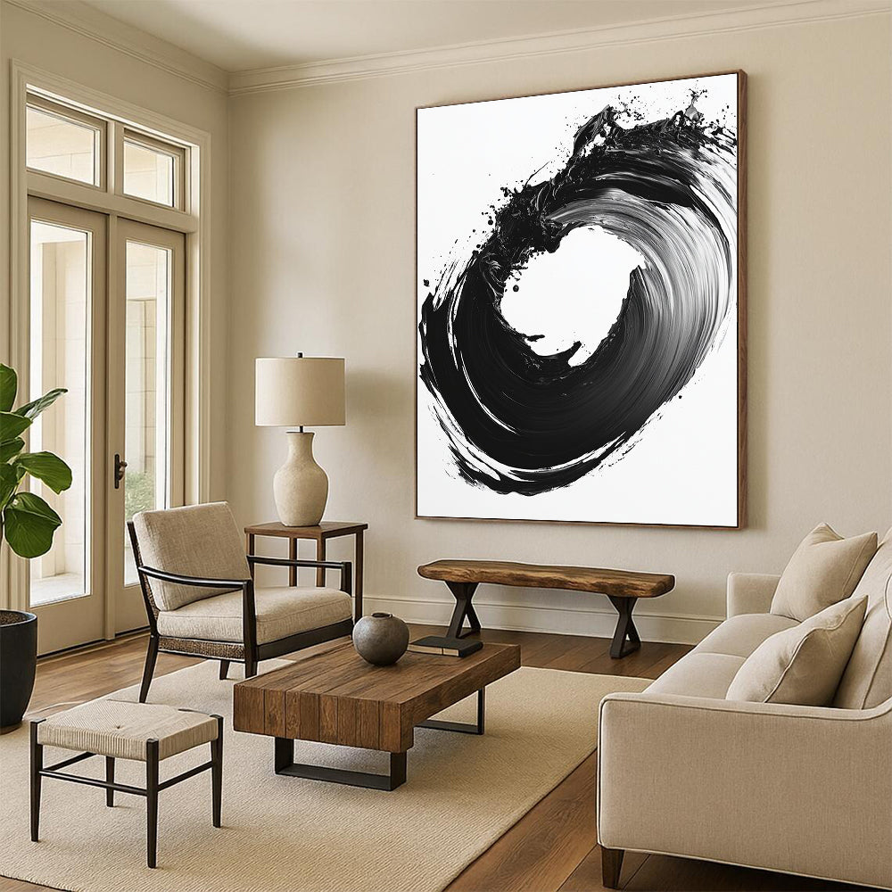 Black & White Circular Ink Brushstroke - “Infinite Ink Loop” Painting On Canvas HB230