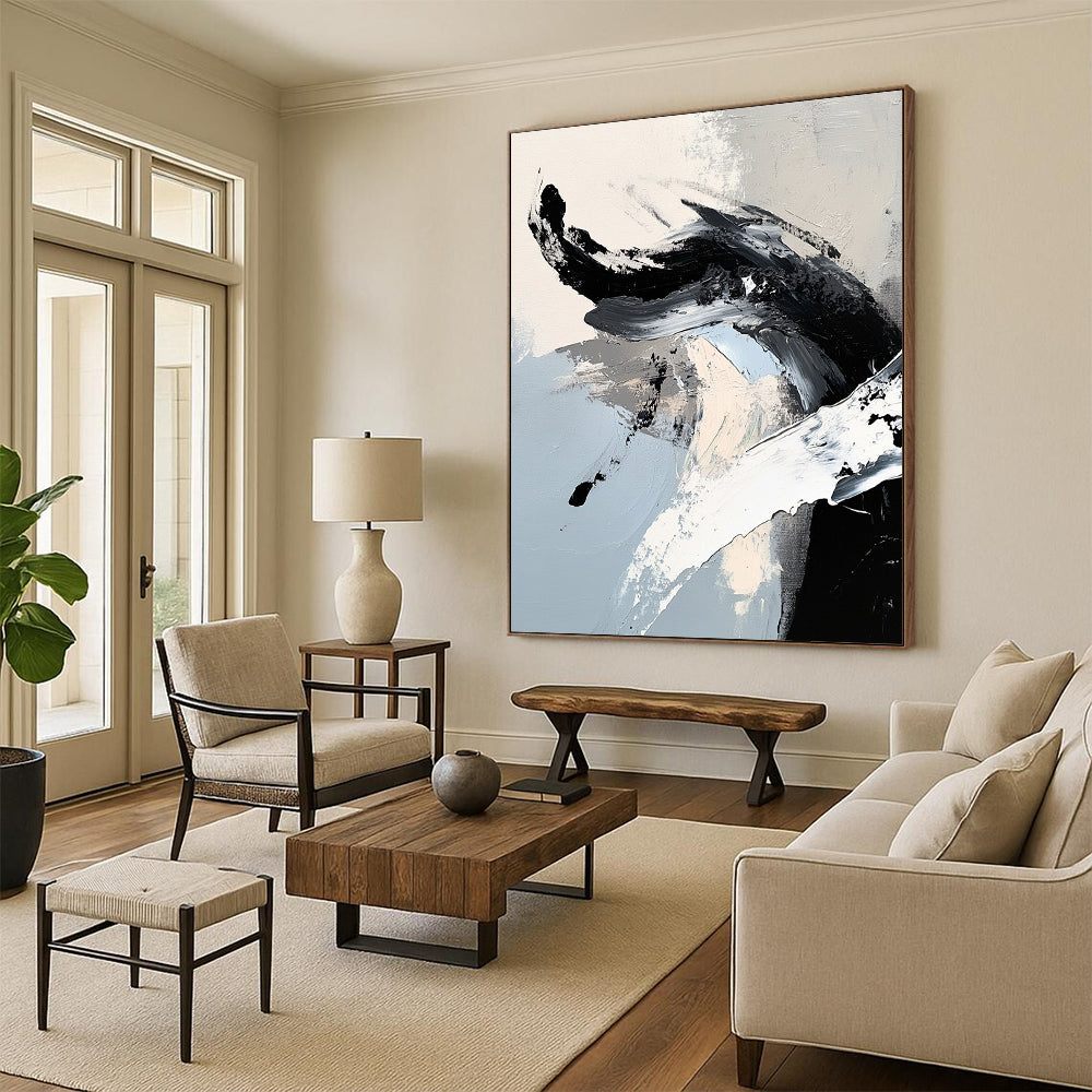 Contemporary abstract painting features striking black and white brushstrokes with a dragon-like shape in ink-like detail, embodying minimalistic expressionism. DLZ0736