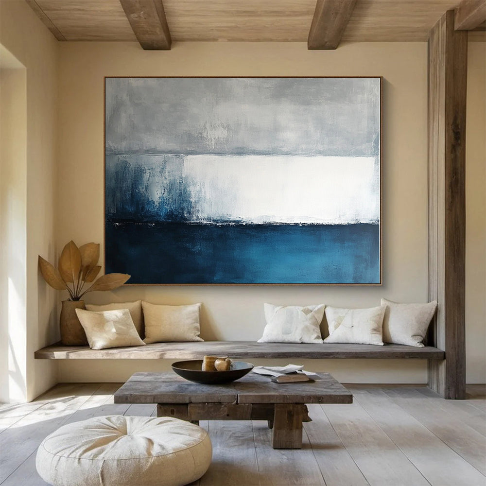 “Gray - Blue Abstract Horizon Lines” - Gray, Blue, White, Horizon Lines Painting On Canvas HB0832