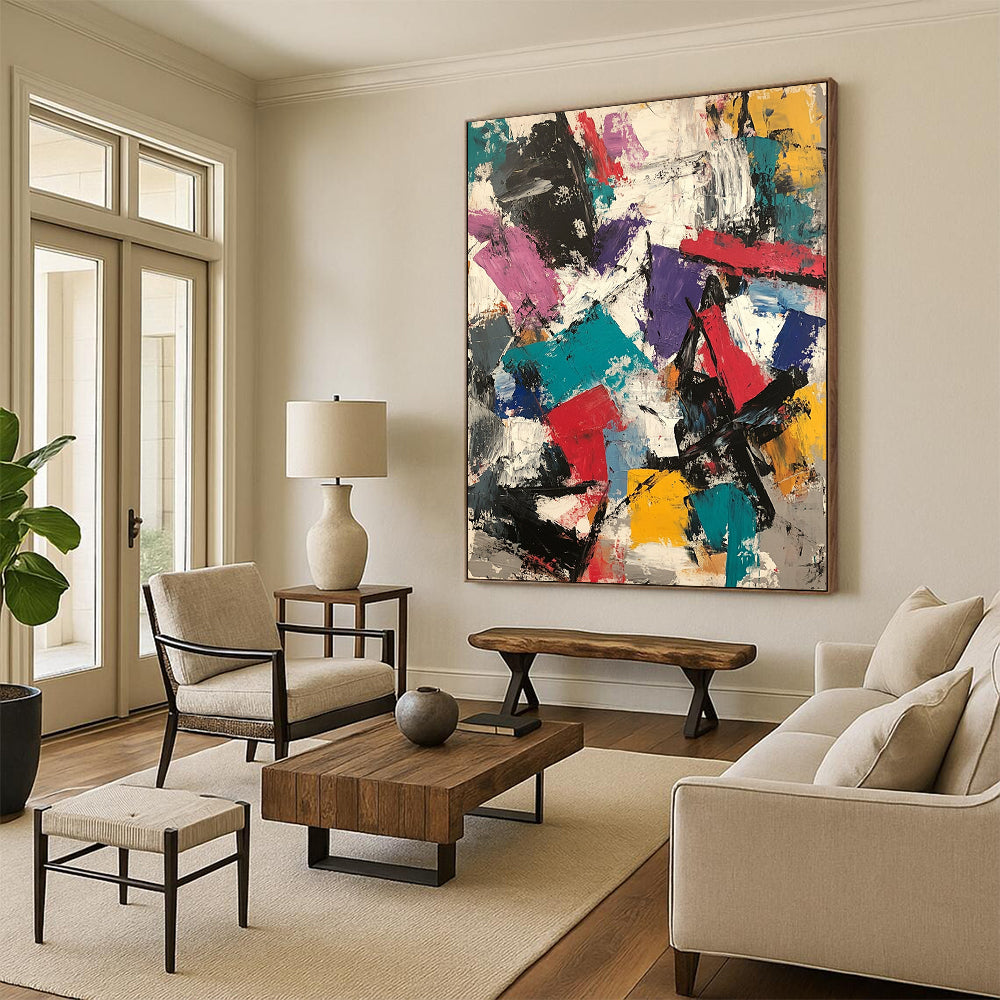 Contemporary hand-painted abstract artwork featuring thick brush strokes, vibrant colors, and layered textures in a dynamic composition. DLZ0930