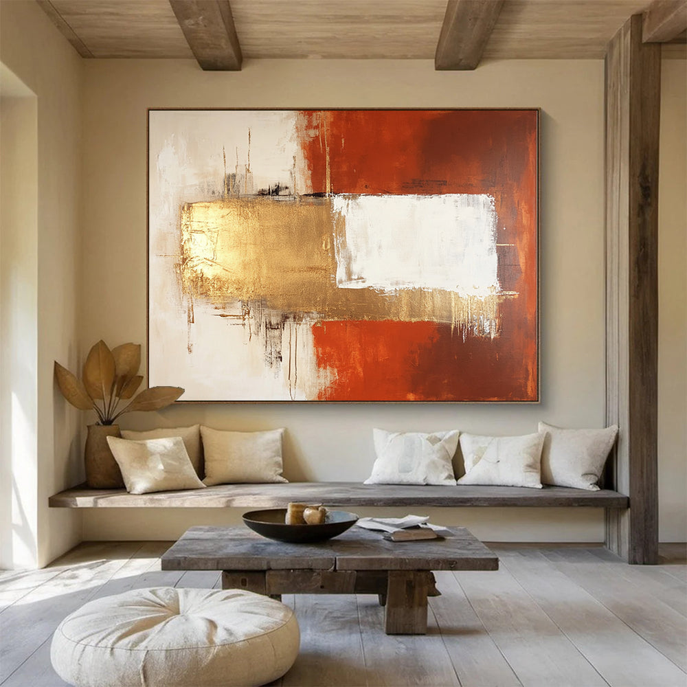 “Elegant Geometric Fusion in Orange, Gold, and White” - Orange, gold, white; Abstract geometric blocks; Acrylic Painting On Canvas HB1226