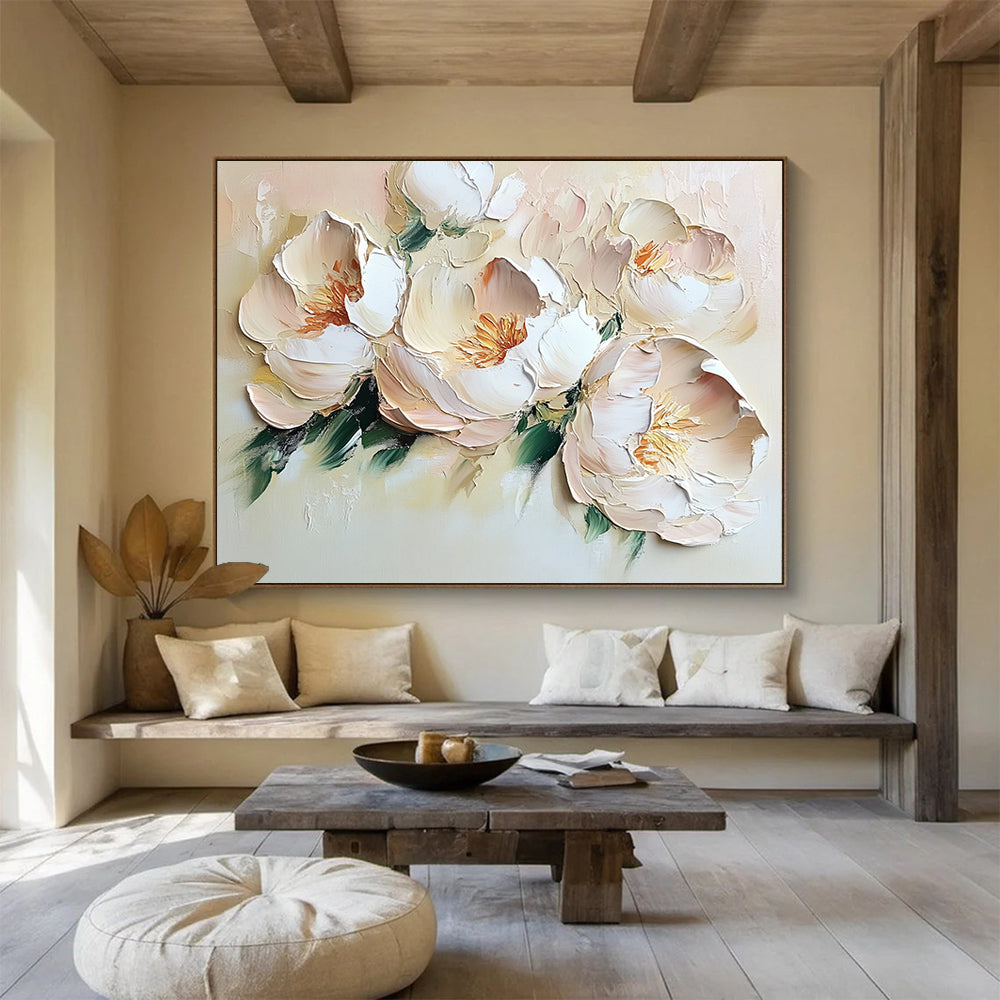 “Blush Peony Blooms” - Muted peaches, whites, greens; Thick - textured peony flowers; Impasto Floral Painting On Canvas HB1157