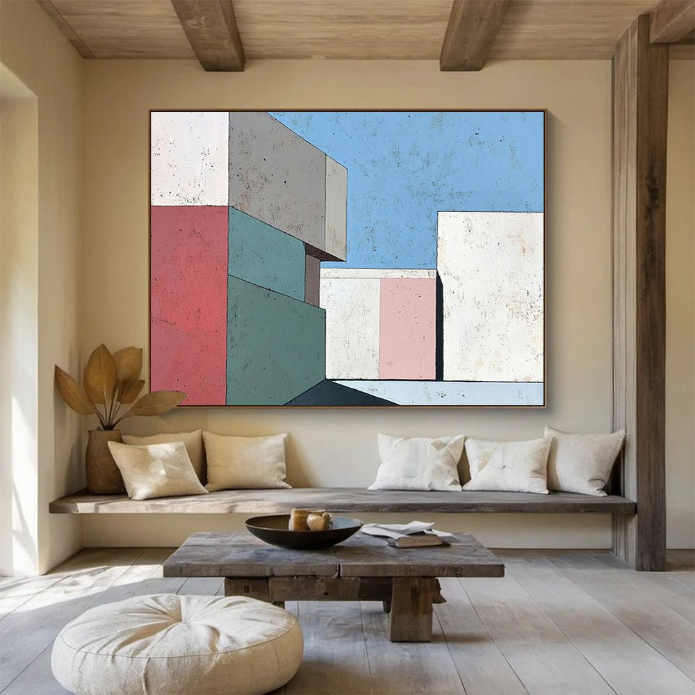 “Pastel Geometric Architecture” - Pink, Green, Blue, Abstract Buildings - Modernist Acrylic Painting HB1499