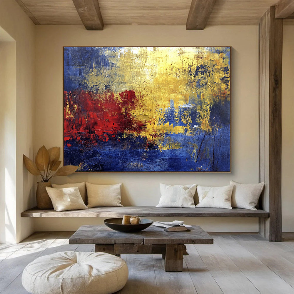 “Golden Red Abstract” - Blue, Gold, Red, Textured Color Blocks Painting On Canvas HB0945