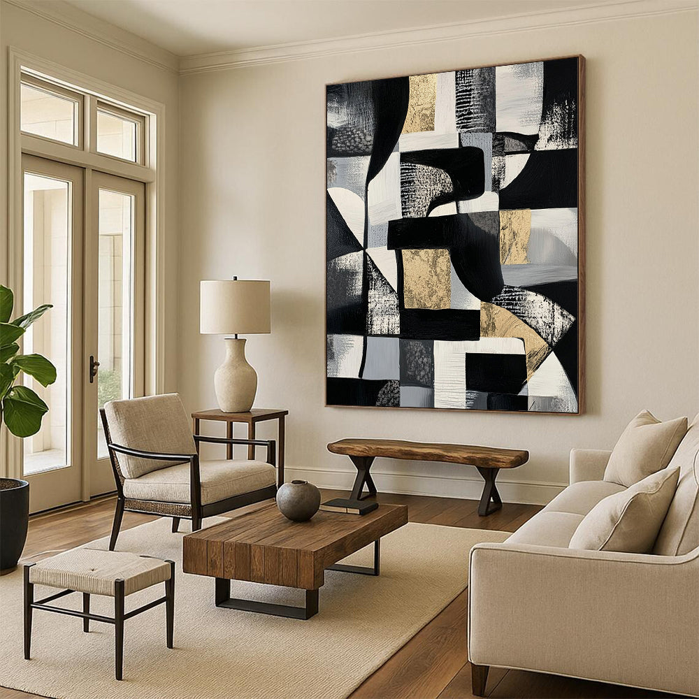 Black, White, Gray and Gold Abstract Composition "Monochrome Luxury" Painting On Canvas HB340