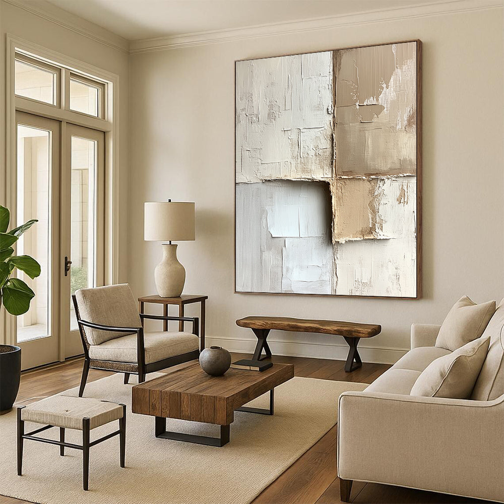 Contemporary hand-painted abstract artwork with textured beige and white blocks showcasing minimalism and neutral tones on canvas. DLZ0286