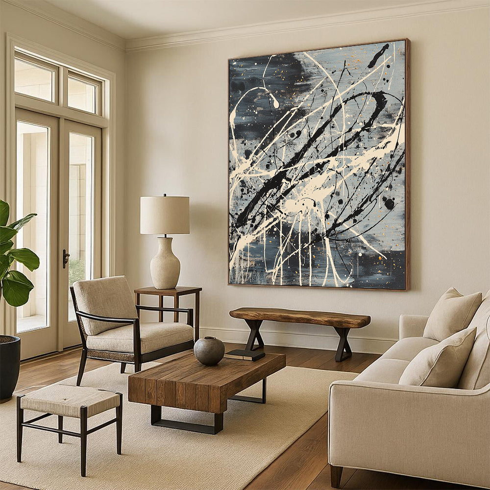 Gray, Black, White, Gold, Elaborate Drizzles "Cosmic Tangle" Abstract Pollock - Inspired Painting On Canvas HB055