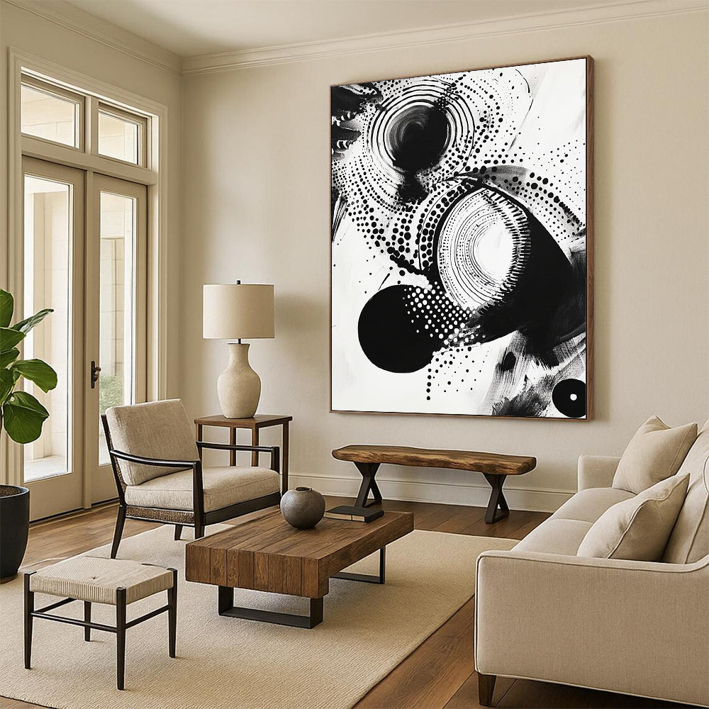 Black Circles, Dots & Curves on White - “Cosmic Ink Patterns” Painting On Canvas HB222