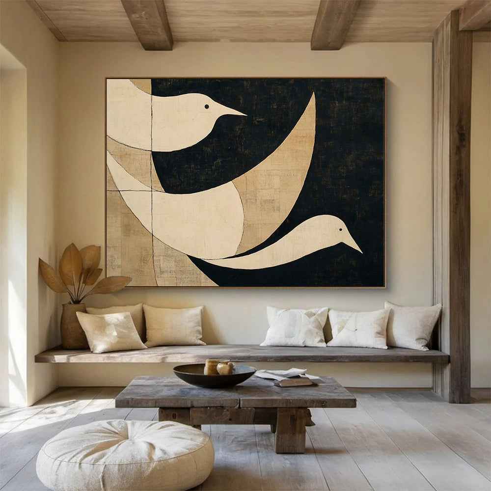 “Minimalist Birds” - White, black, beige, Minimalist Animal Painting HB0635