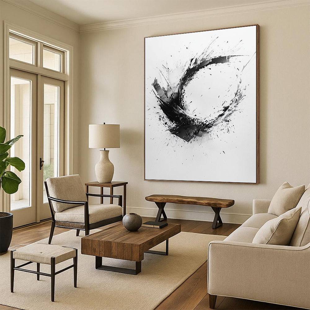 Black and White Splattered Crescent "Energetic Fragment" Painting On Canvas HB267