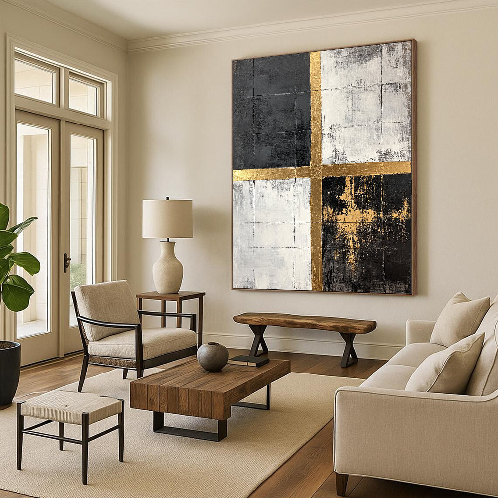 Black, White, Gold, Grid - Crossed Squares "Gilded Grid Intersection" Abstract Geometric Painting On Canvas HB161