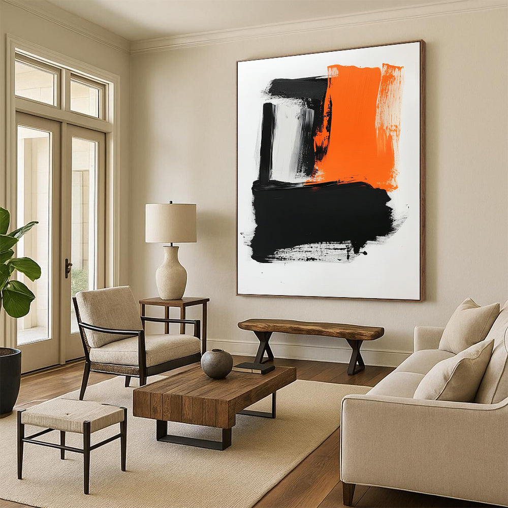 Contemporary hand-painted abstract artwork featuring a white background, vibrant orange and black hues, bold brush strokes, and striking negative space. DLZ0433