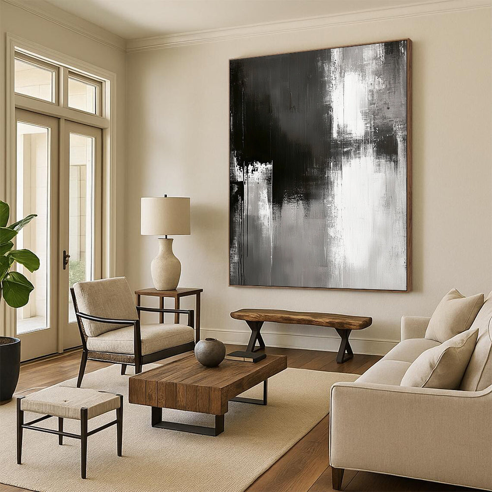 Contemporary abstract painting with grungy grey textures muted colors and simple brush strokes on a textured canvas for modern art lovers. DLZ0304