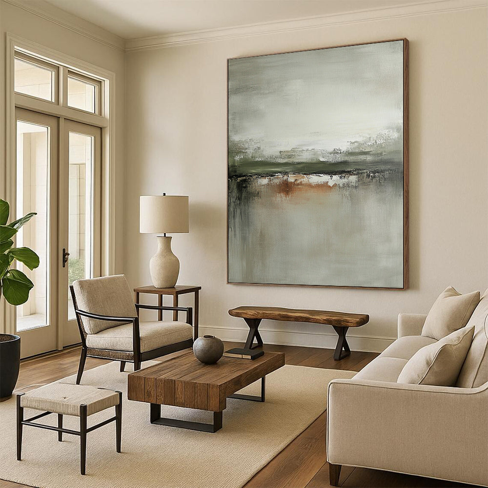 Large contemporary hand-painted abstract art featuring neutral tones grays and sage green with distressed edges on canvas. DLZ0439
