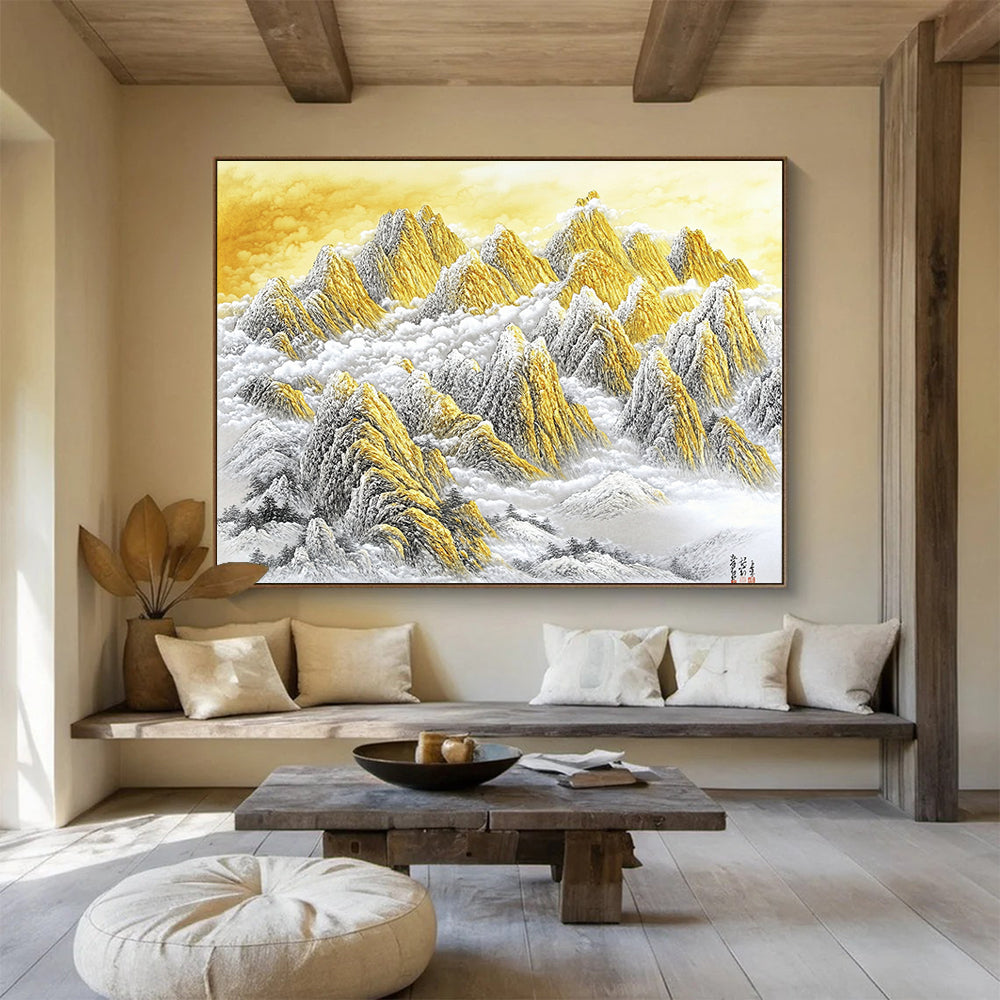 “Golden Mountain Peaks in Clouds” - Gold, White, Gray, Majestic Mountain Scene - Chinese Ink Painting HB1648