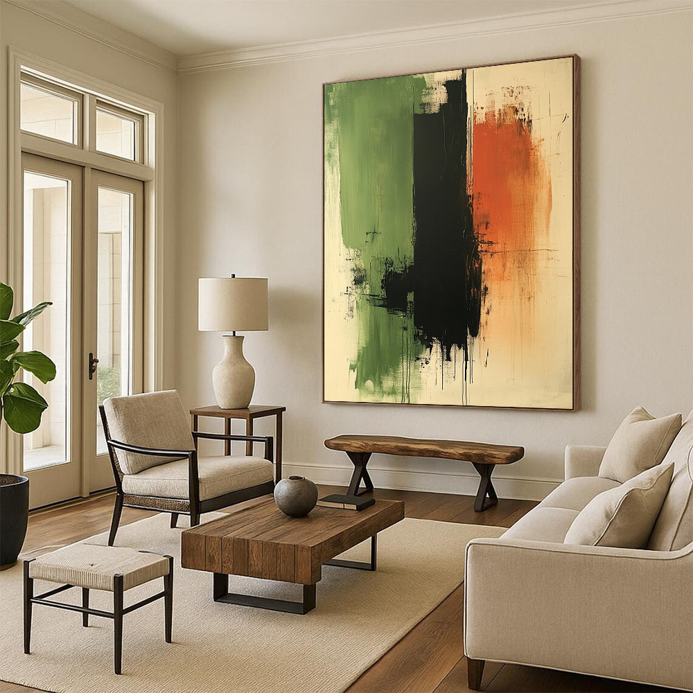 Contemporary abstract artwork featuring calming green black and brown tones oil on paper with canvas texture ideal for meditative spaces DLZ1328