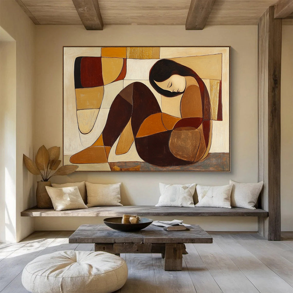 “Cubist - Style Figure” - Brown, beige, orange, Cubist Figurative Painting HB0634