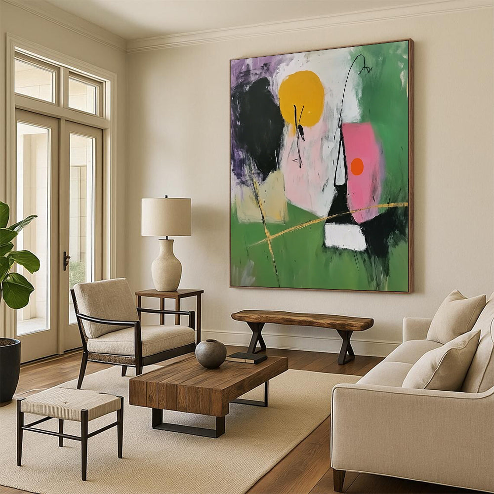 Contemporary abstract painting featuring simple shapes in green and pink with black lines and a central figure holding golden sticks. DLZ0683