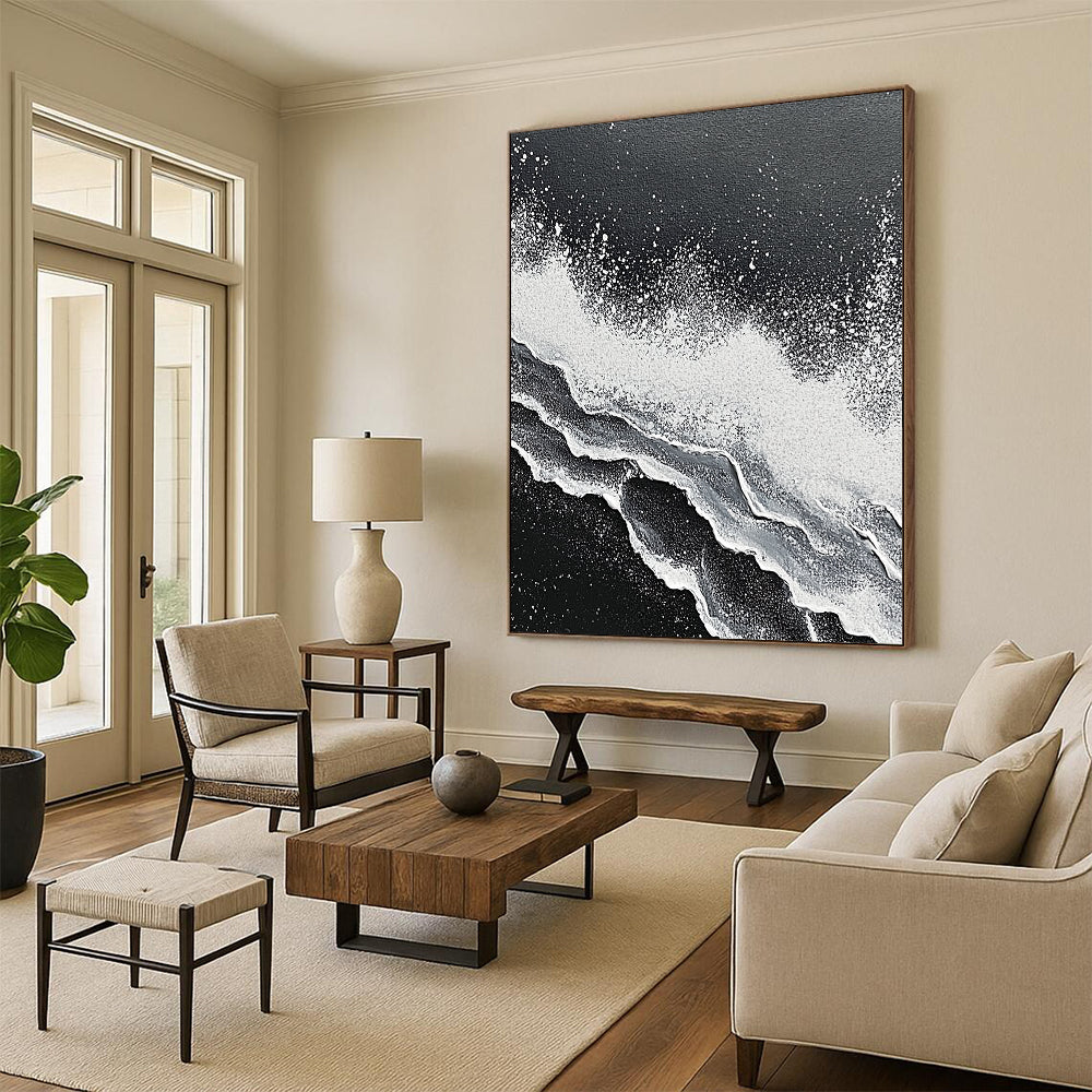 Contemporary hand-painted abstract art featuring intricate textures of ocean waves crashing in striking black and white tones. DLZ1139