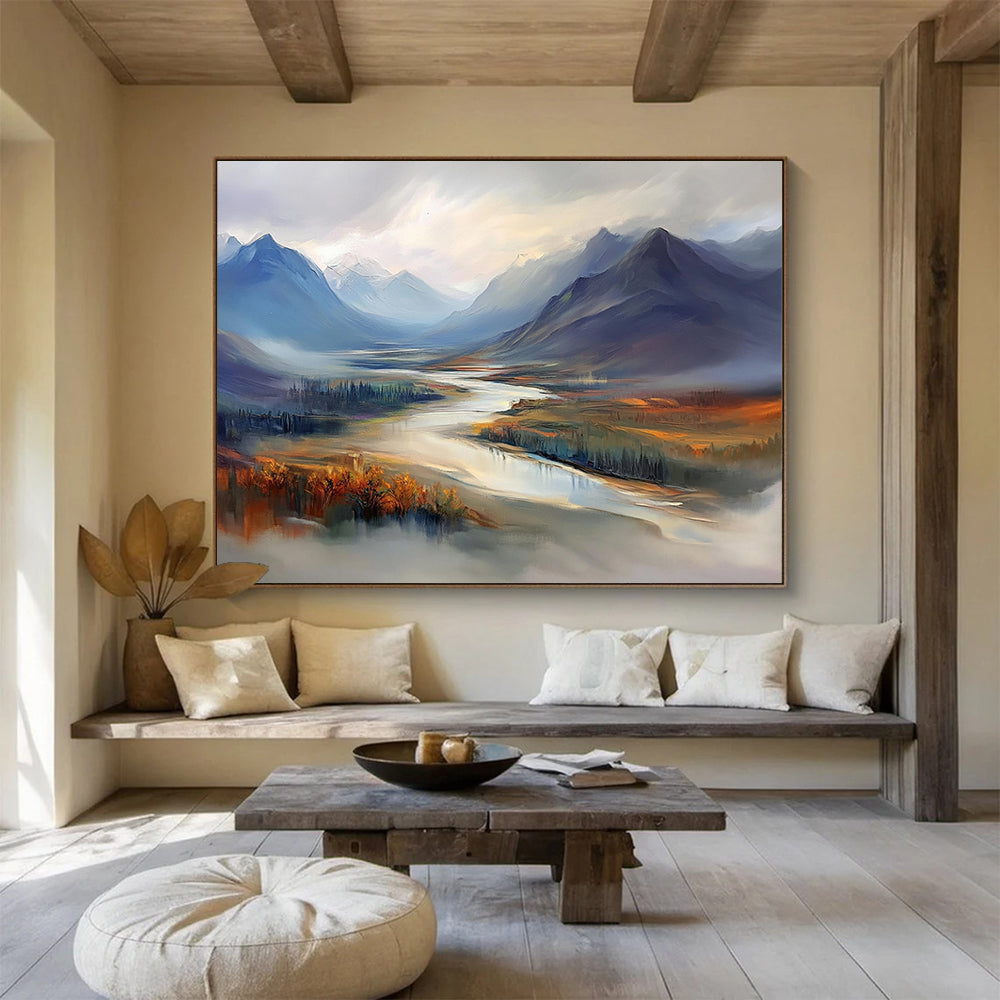 Misty Mountain Valley with River - Ethereal Landscape Painting On Canvas HB0452