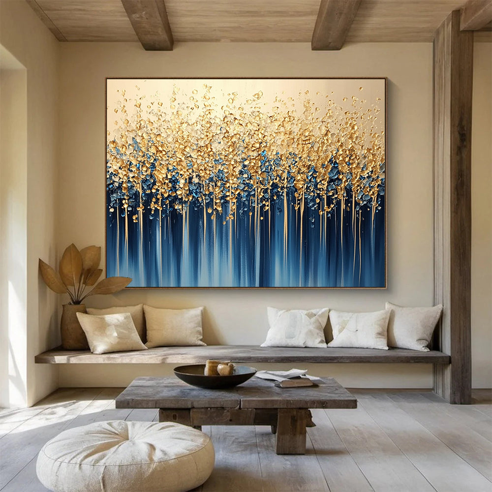 “Golden Forest Cascade” - Gold, Blue, White, Abstract Tree - like Forms with Drips Painting On Canvas HB1085