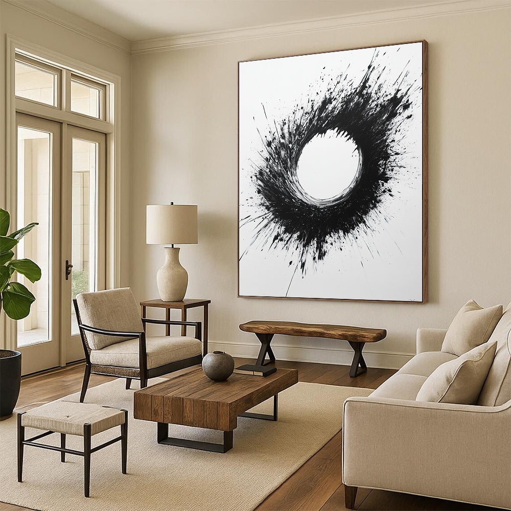 Black and White Splattered Circle "Chaotic Zen" Painting On Canvas HB287