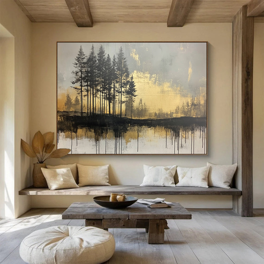 “Golden Forest Reflection” - Black, Gold, Gray, Silhouetted Trees and Reflective Water Painting On Canvas HB0948