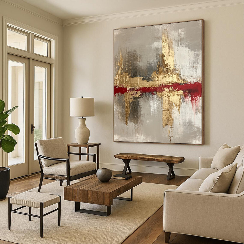 Contemporary hand-painted abstract art featuring gold, white, blue, black, and gray tones on a soft white background, perfect for modern decor. DLZ0437