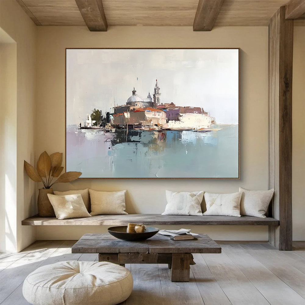“Abstract Venetian Island” - Browns, Greys, Blues, Purple, Island Scene - Abstract Oil Painting HB1578