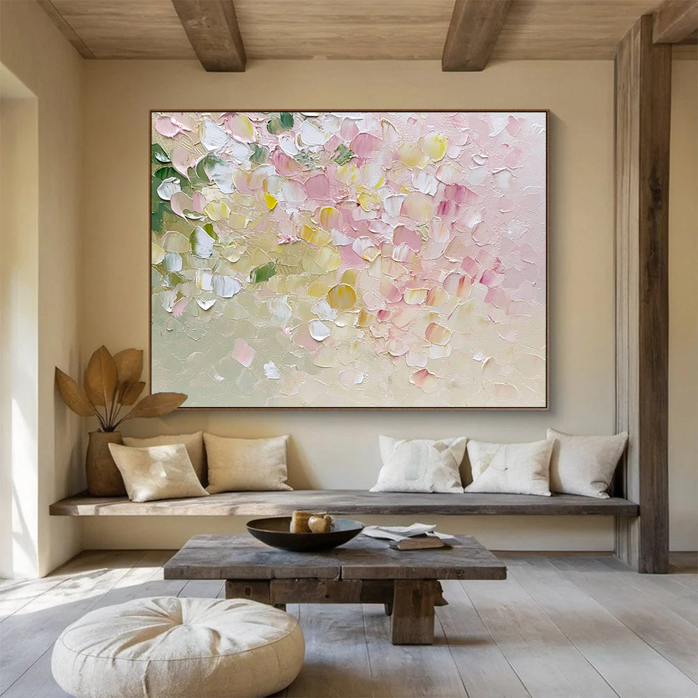 “Pastel Petals” - Delicate pinks, whites, greens, yellows; Textured flower petals; Impasto Floral Painting On Canvas HB1151