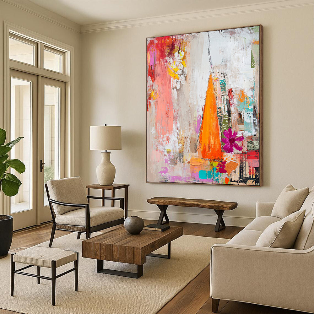 Contemporary abstract painting featuring textured brushstrokes of white reds pinks oranges and yellows with a dreamy collage of floral magazine clippings. DLZ1274