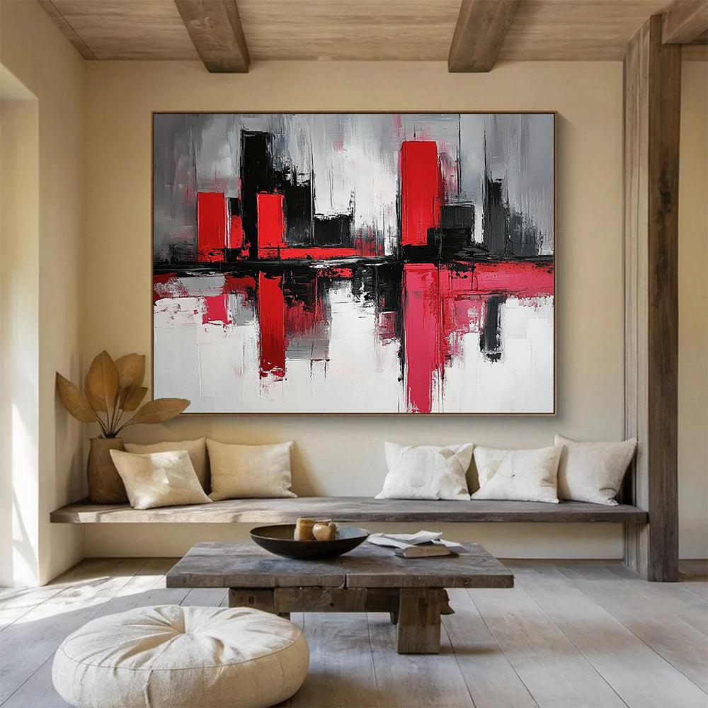 “Abstract Cityscape in Red and Black” - Red, black, white, gray; Abstract cityscape with reflection effects; Acrylic Painting On Canvas HB1272