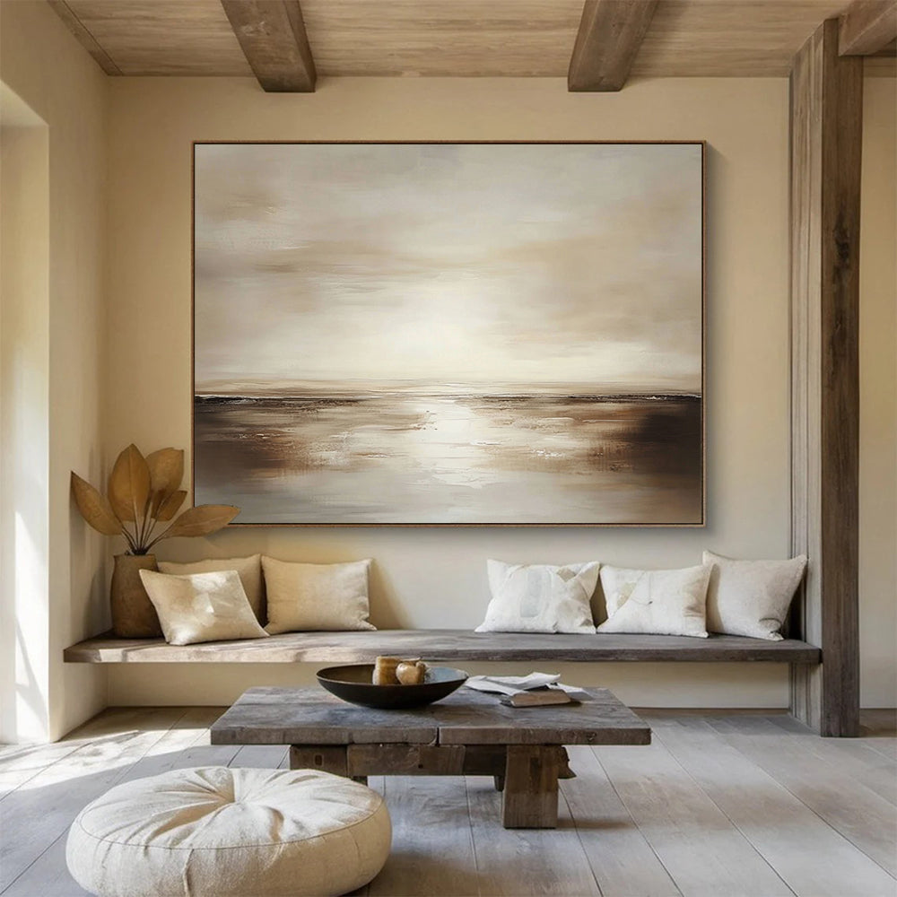 “Earthy Horizon” - Warm Browns, Soft Beiges, Vast Sky and Calm Sea Painting On Canvas HB0917